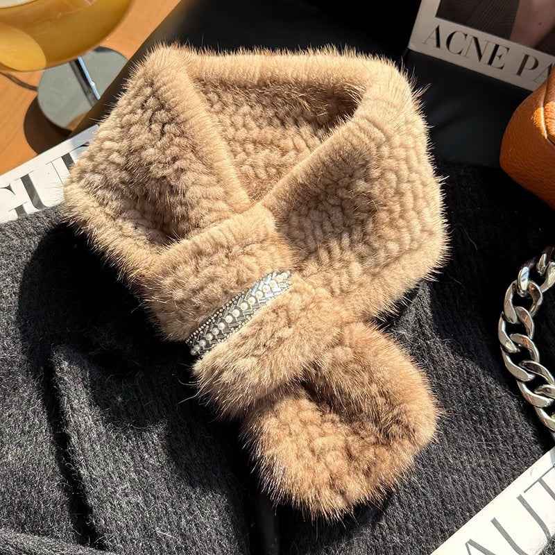 Autumn and winter warm double - sided woven rhinestone mink fur versatile temperament scarf - variant_title