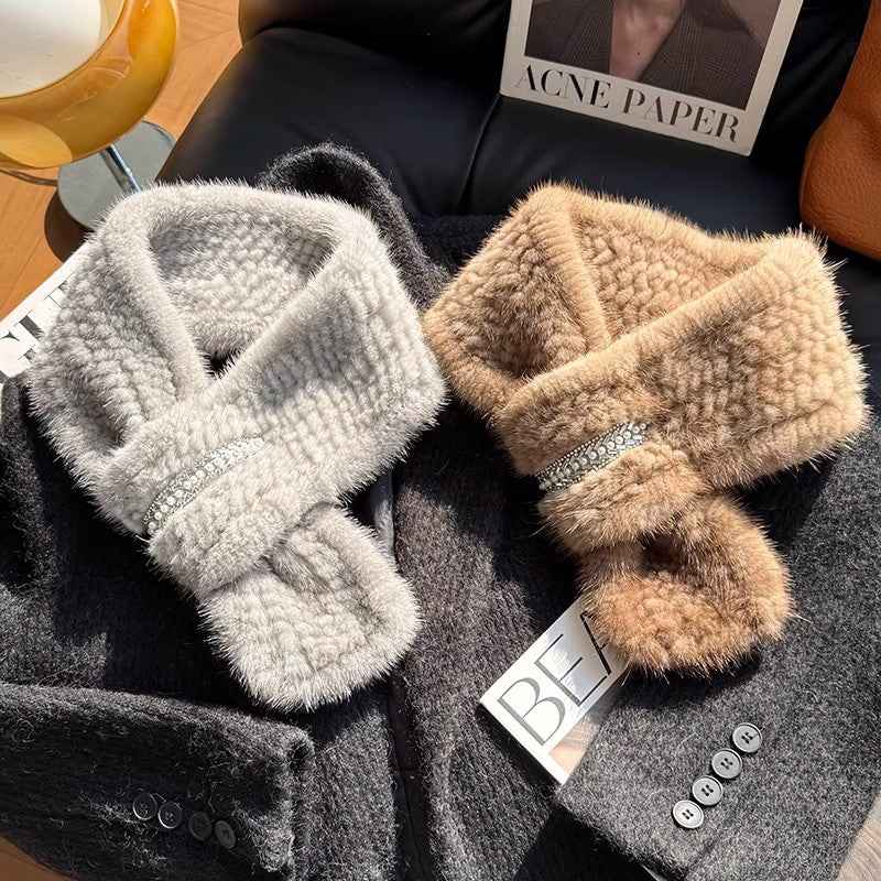 Autumn and winter warm double - sided woven rhinestone mink fur versatile temperament scarf - variant_title