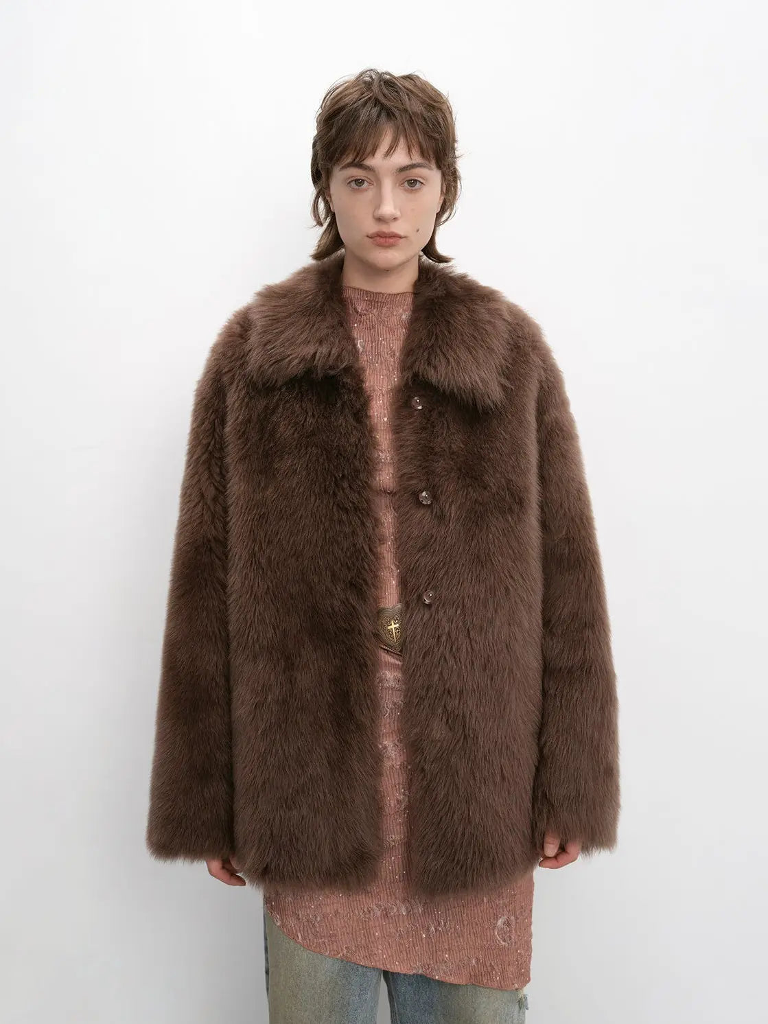 Woman wearing the Autumn Exclusive cocoa brown Toscana shearling coat, front view