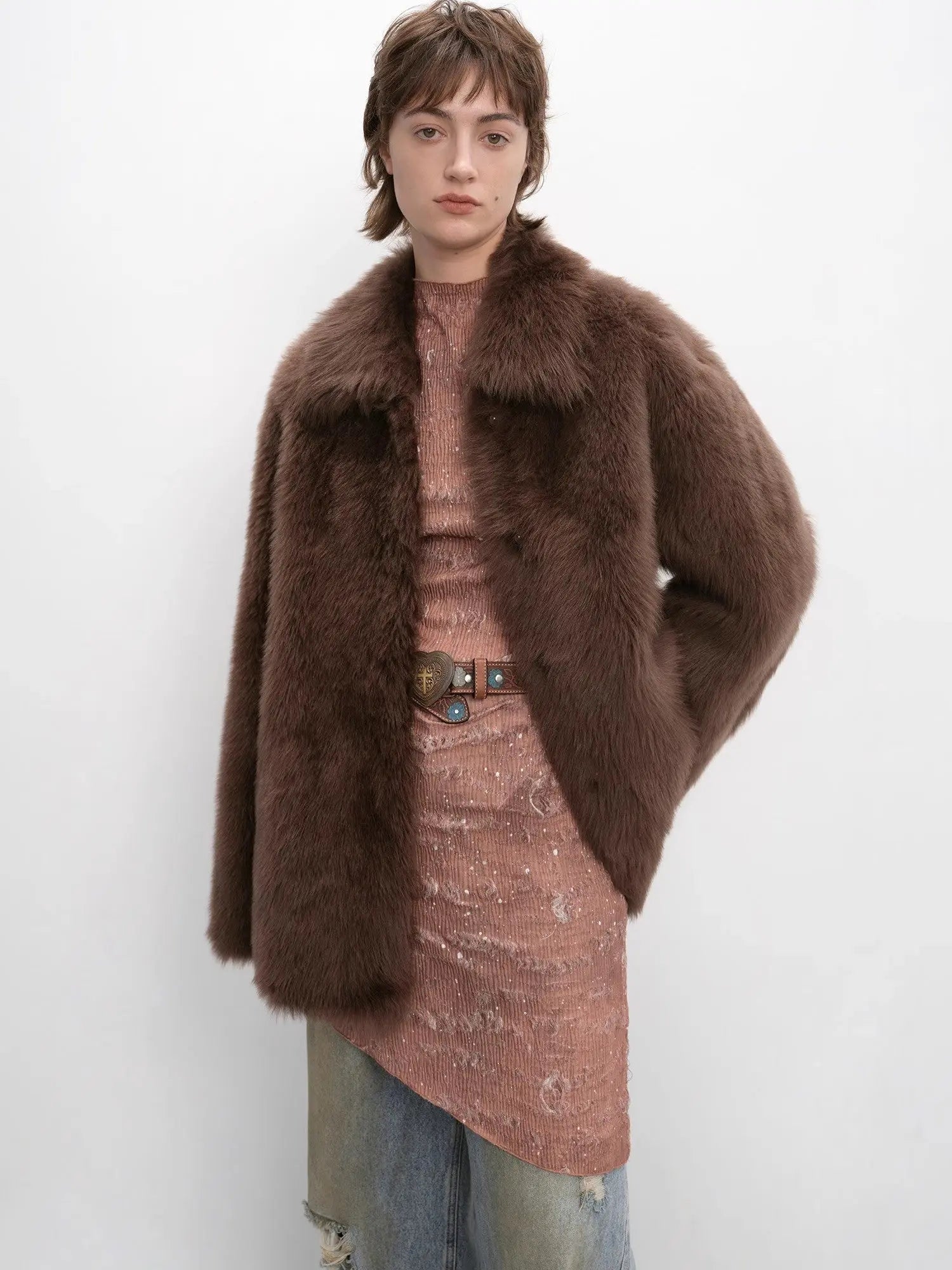 Autumn Exclusive cocoa brown shearling lapel coat, three-quarter front view