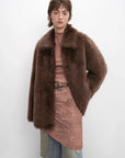 Autumn Exclusive cocoa brown shearling lapel coat, three-quarter front view