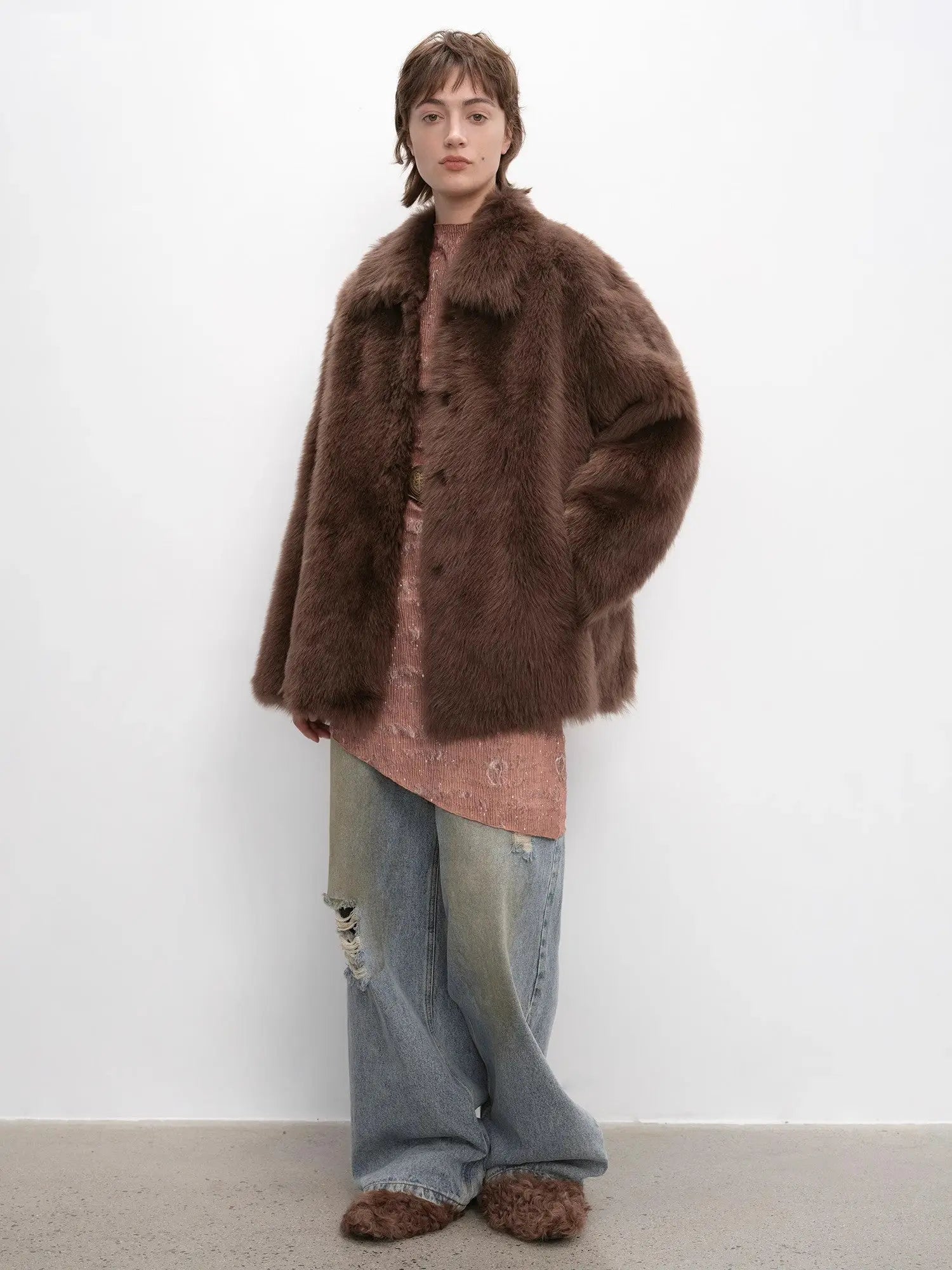 Autumn Exclusive cocoa brown shearling coat, full-length styling view