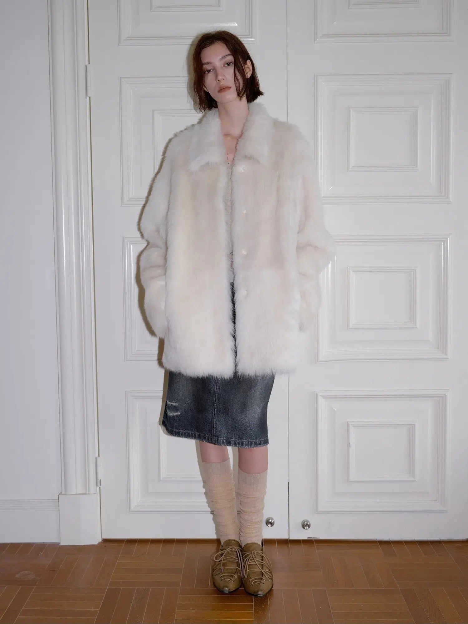 Autumn Exclusive off-white Toscana shearling coat indoor styling view