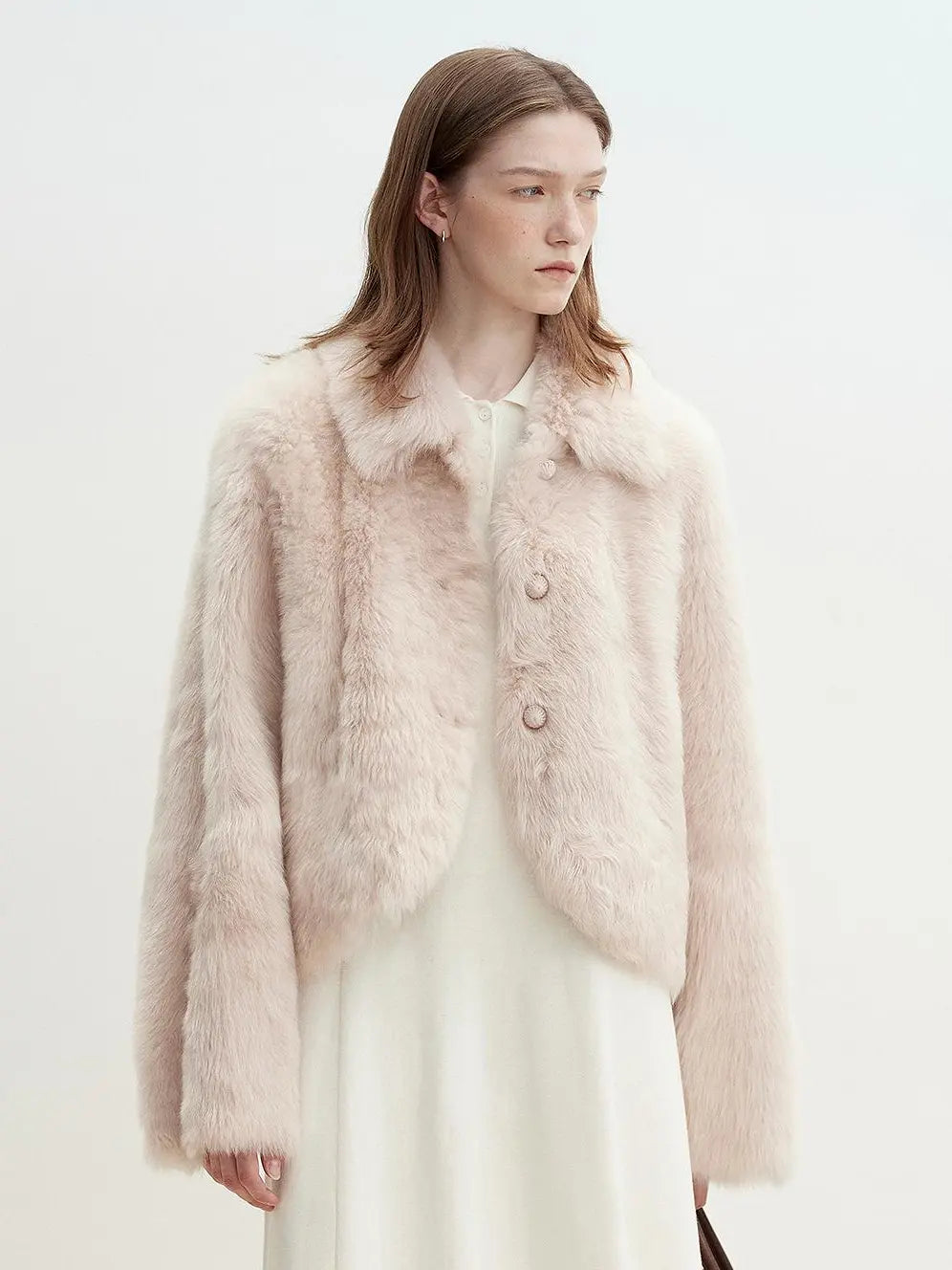 Dirty pink Toscana shearling short jacket styled on model