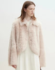 Dirty pink Toscana shearling short jacket styled on model