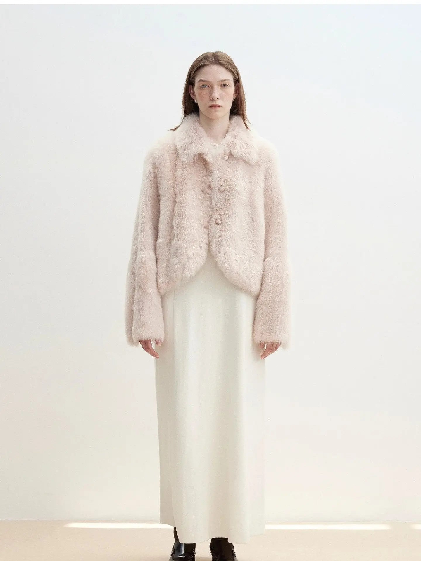 Autumn Secret pink shearling jacket with rounded lapels on model
