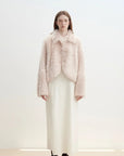 Autumn Secret pink shearling jacket with rounded lapels on model
