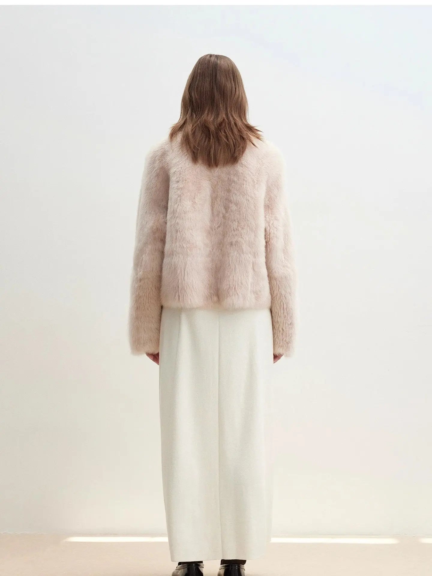 Autumn Secret dirty pink shearling jacket styled on model