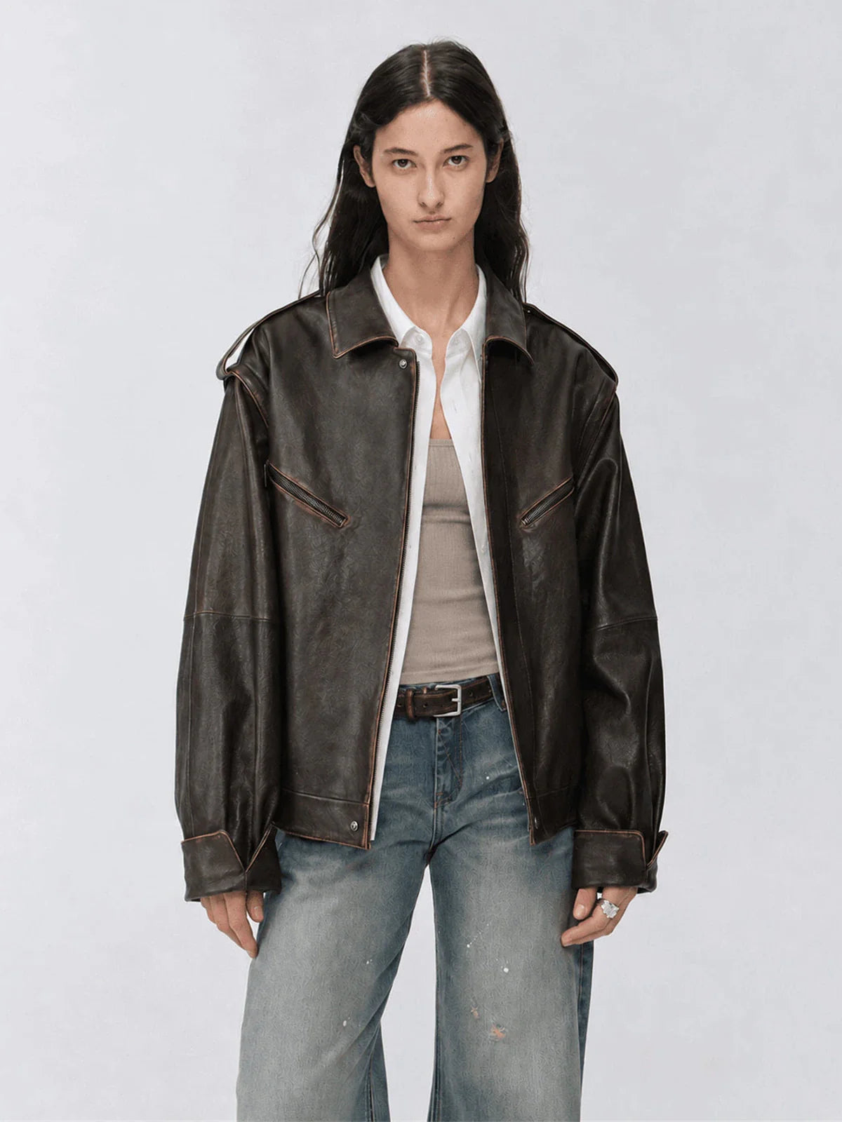 Firelady Fur Barn Feelings removable sleeve leather jacket front view