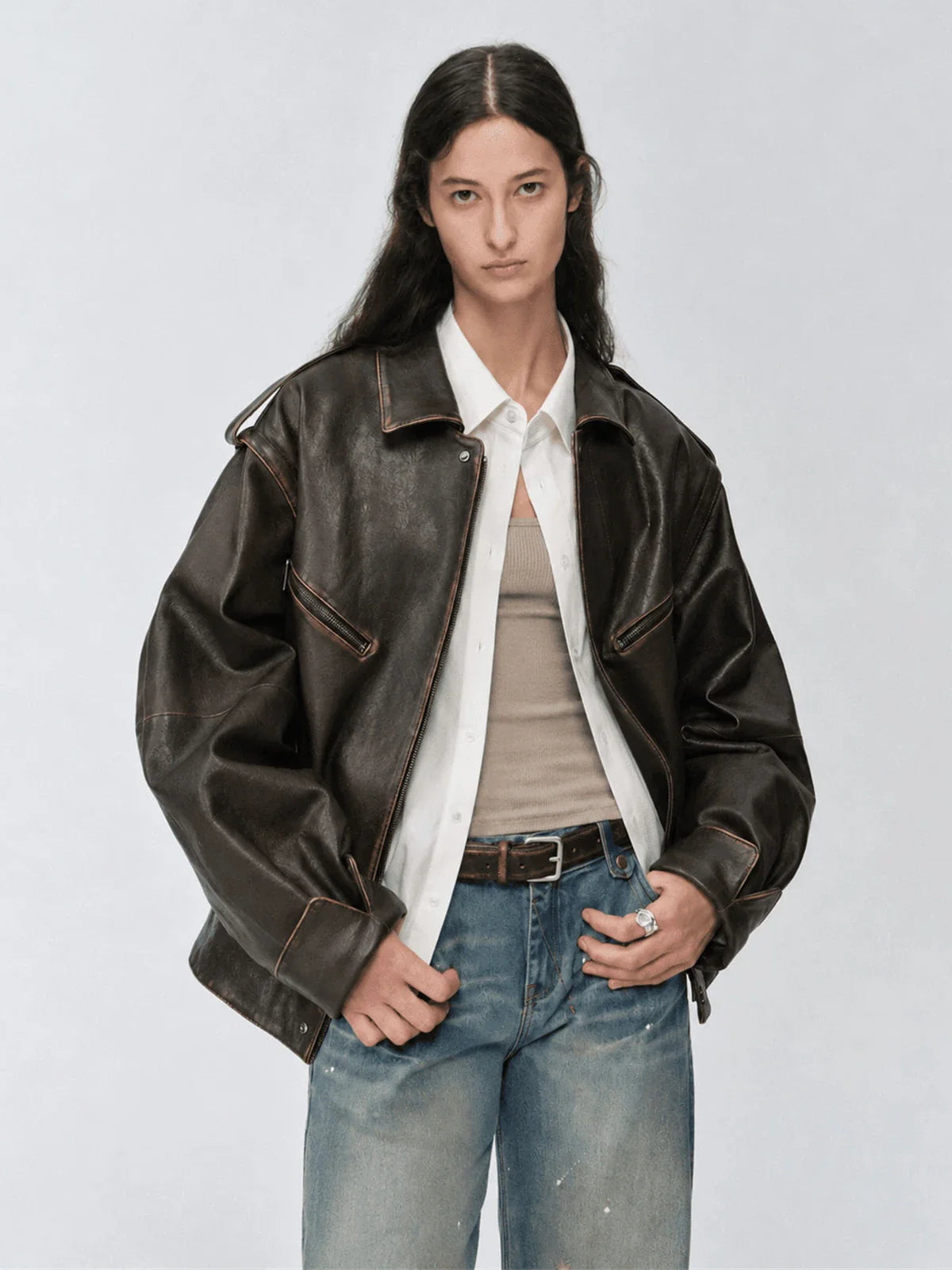 Firelady Fur Barn Feelings removable sleeve leather jacket back view