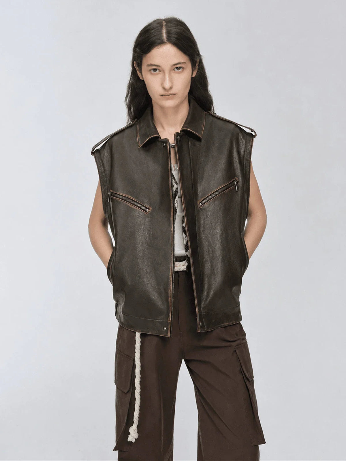 Firelady Fur Barn Feelings dark brown leather vest front view with sleeves removed