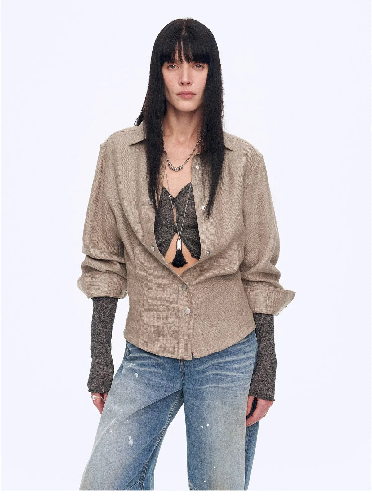 Firelady Fur Berlin Afternoon Tea women's linen shirt in Original Hemp Green front model view