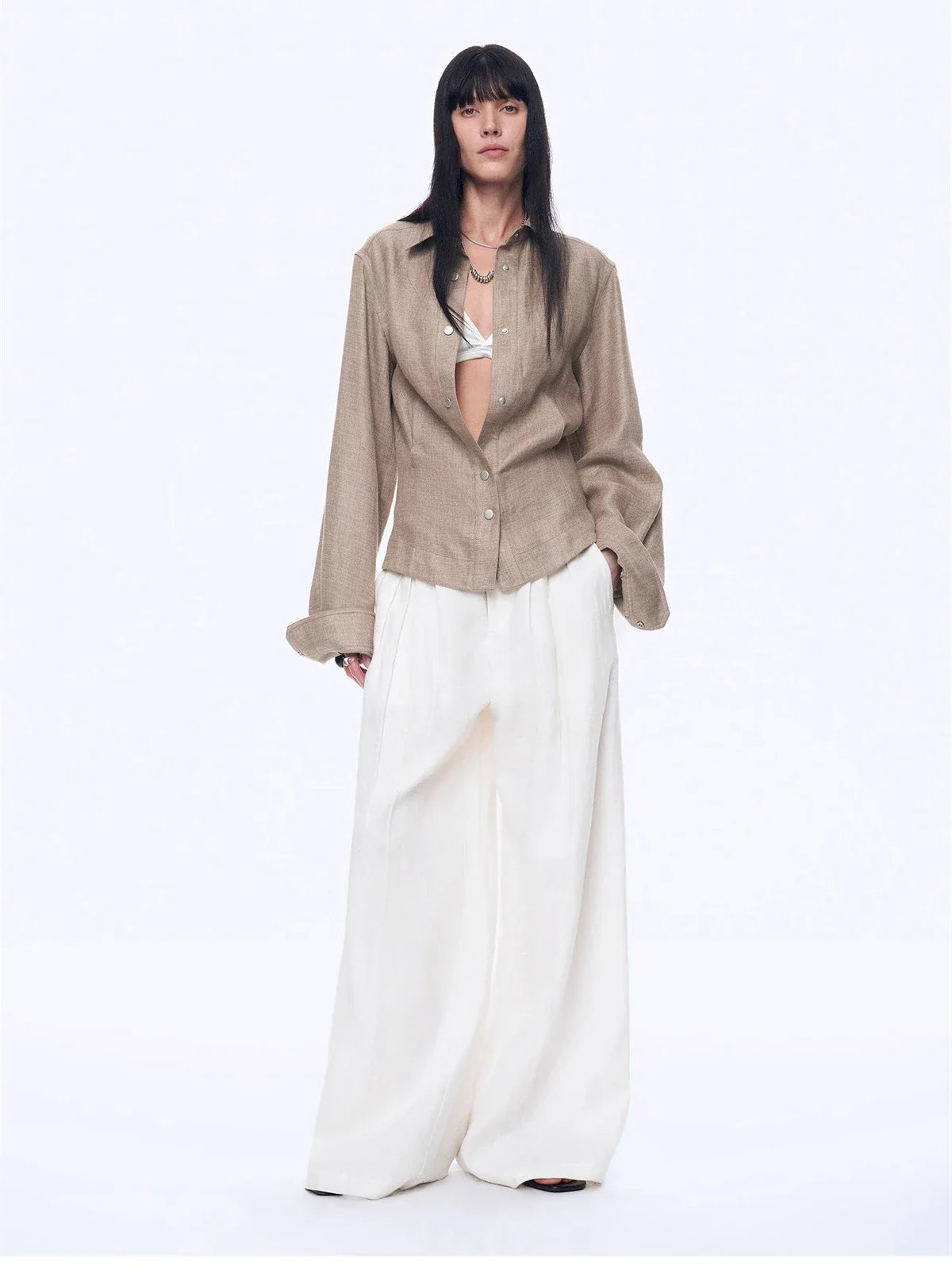 Firelady Fur Berlin Afternoon Tea women's linen shirt in Original Hemp Green full-length model view