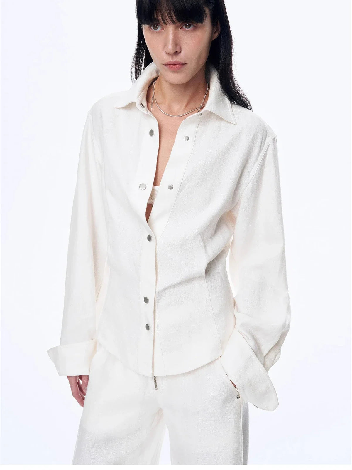 Firelady Fur Berlin Afternoon Tea women's linen shirt in White front model view