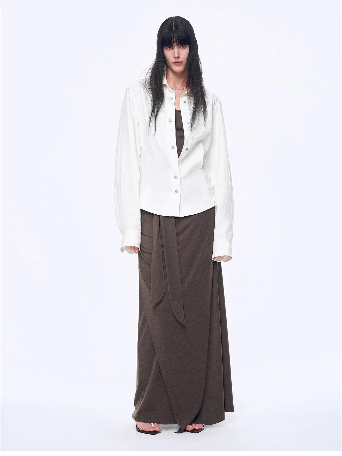 Firelady Fur Berlin Afternoon Tea women's linen shirt in White full-length model view