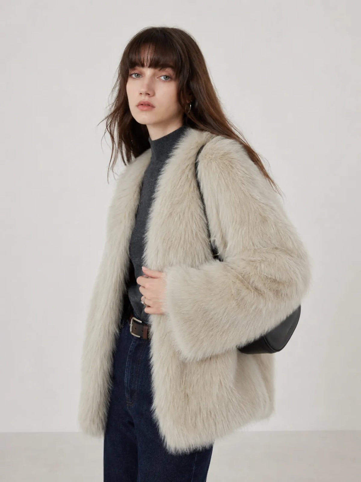 Black Sugar Beige Apricot fox fur cardigan full-length model view