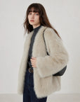 Black Sugar Beige Apricot fox fur cardigan full-length model view