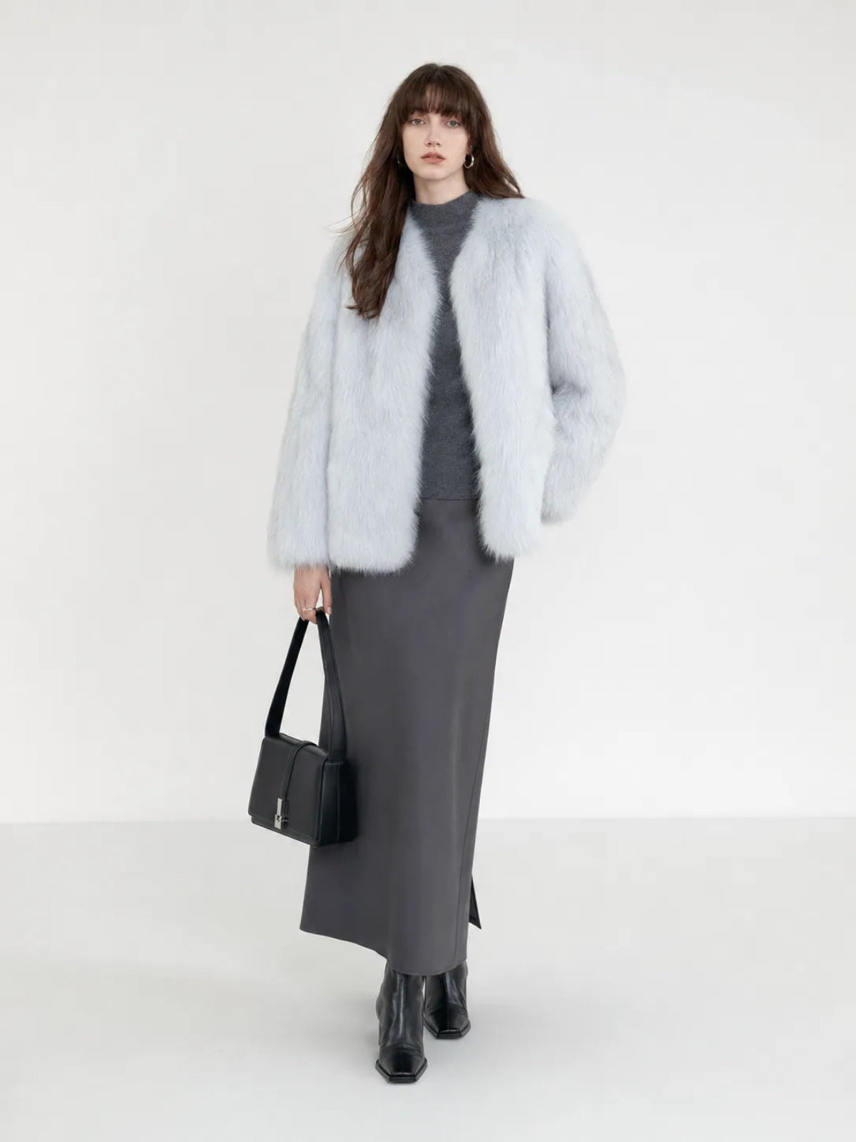 Black Sugar Light Blue fox fur cardigan full-length model view