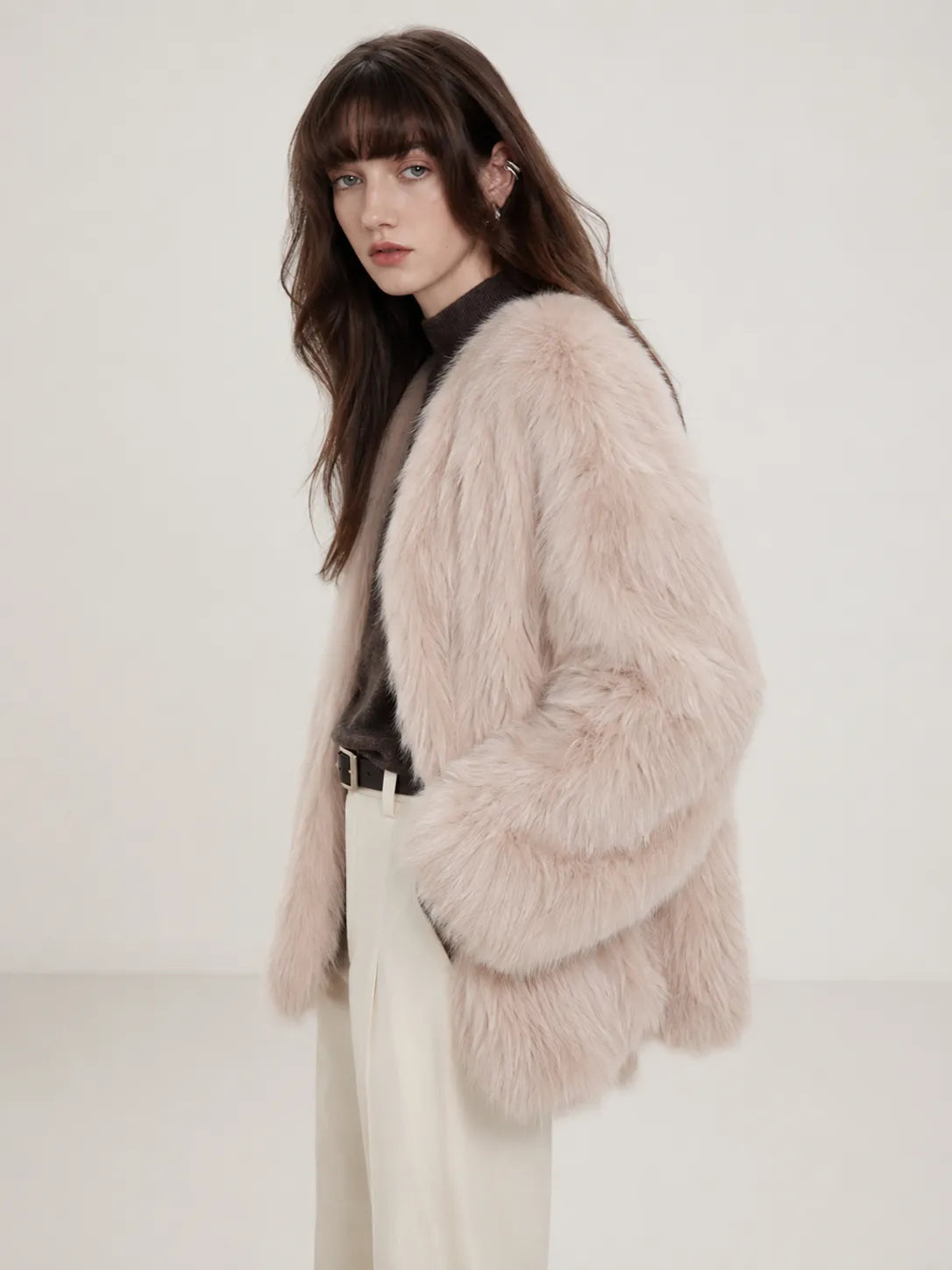 Black Sugar Pink fox fur cardigan full-length model view