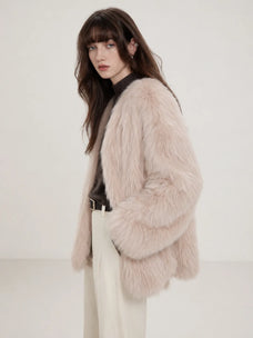 Black Sugar Pink fox fur cardigan full-length model view