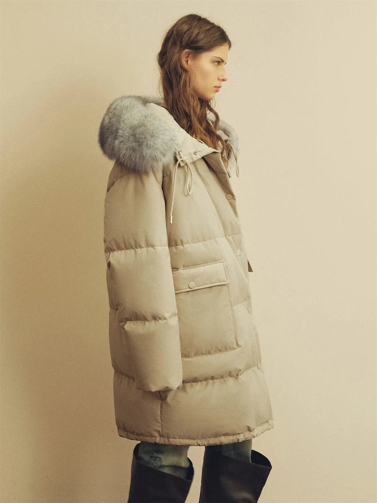 Side view of Firelady Fur Blue Winter Style light apricot women's down parka with detachable fox fur collar
