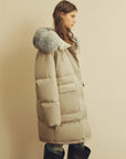 Side view of Firelady Fur Blue Winter Style light apricot women's down parka with detachable fox fur collar