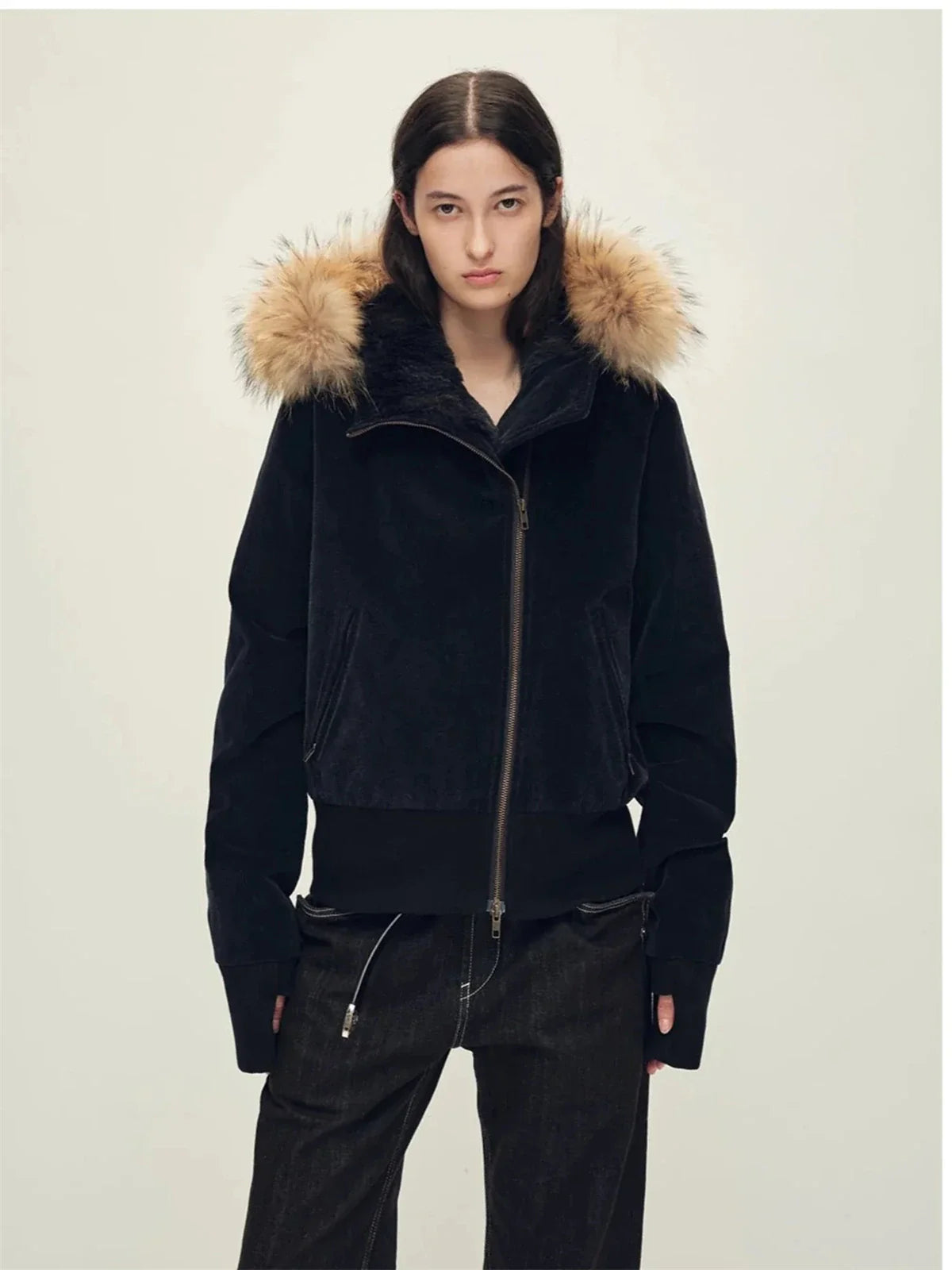 Firelady Boho-Chic black corduroy down parka front model view