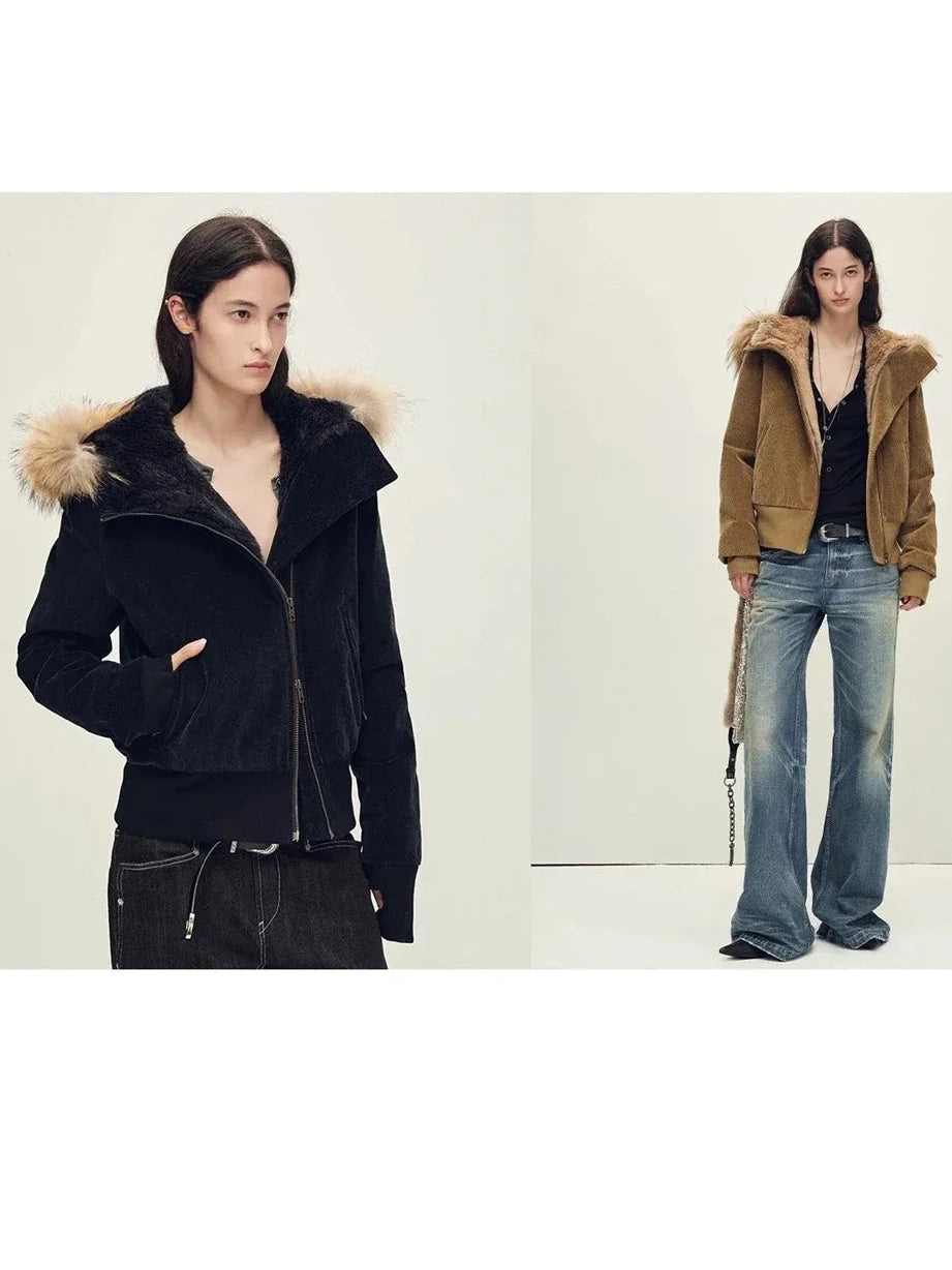 Firelady Boho-Chic corduroy down parka black and brown styling collage