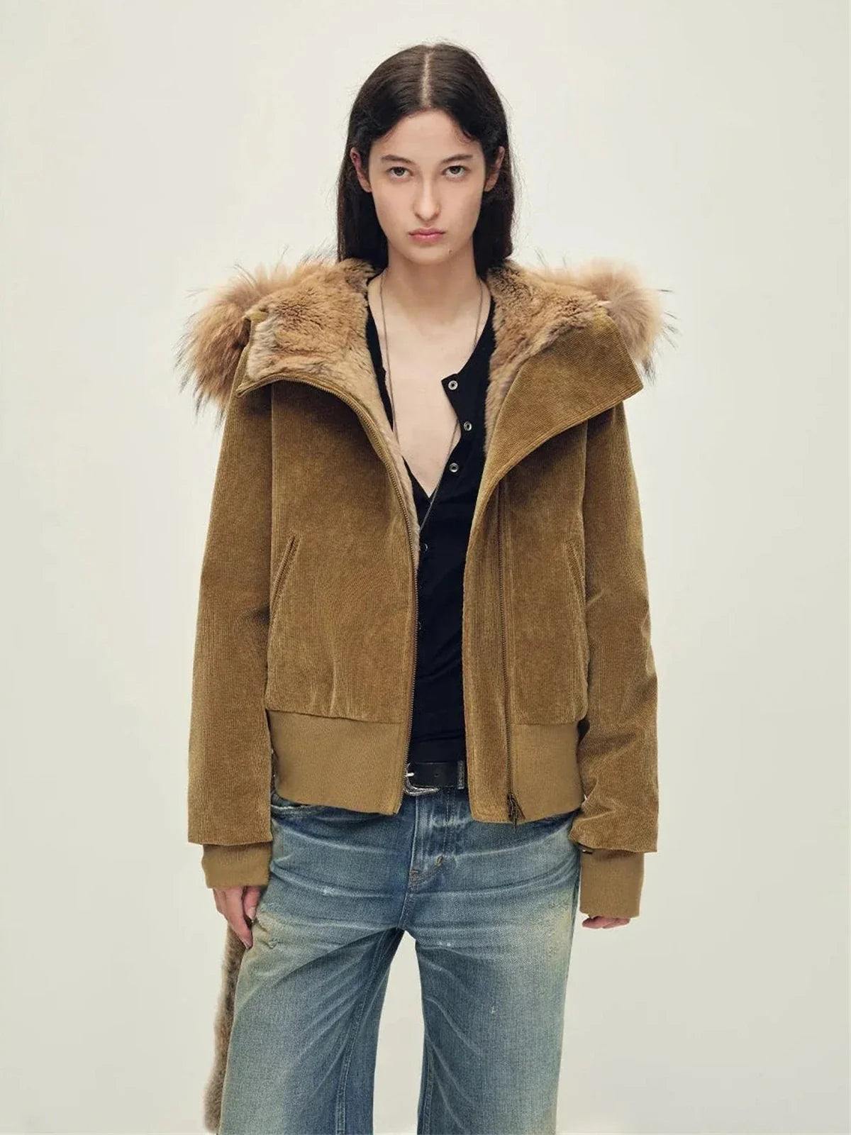 Firelady Boho-Chic brown Italian Tuscan collar corduroy down parka color card