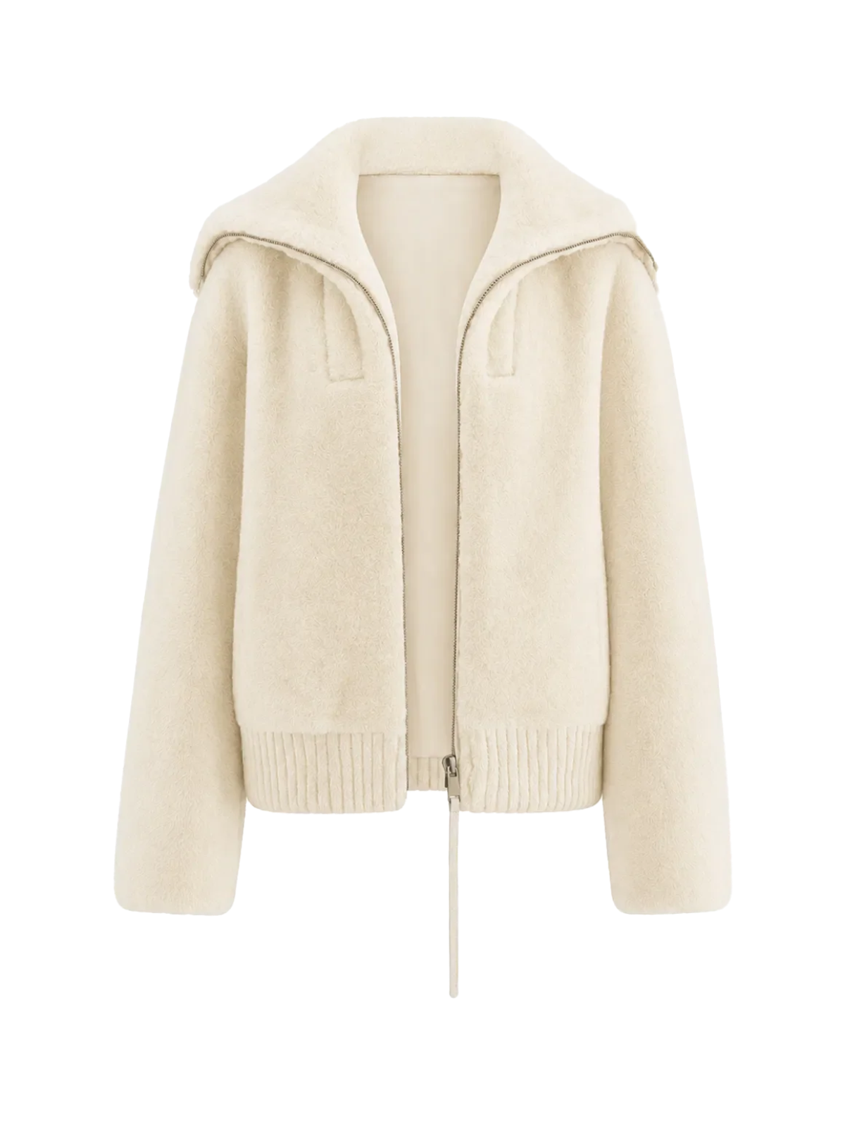 Butter Crisp pearl white Merino shearling leather coat with sailor collar, front product view