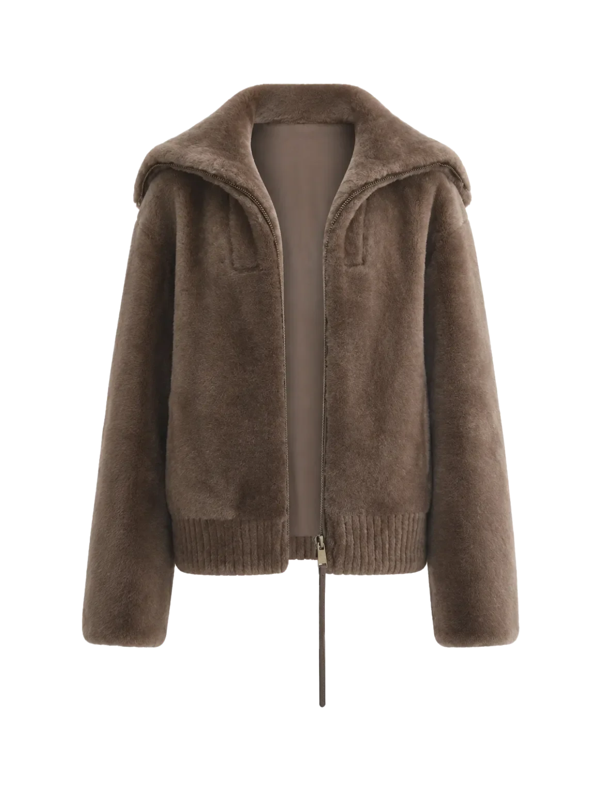Butter Crisp smoked oak Merino shearling leather coat with sailor collar, front product view