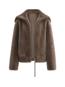 Butter Crisp smoked oak Merino shearling leather coat with sailor collar, front product view