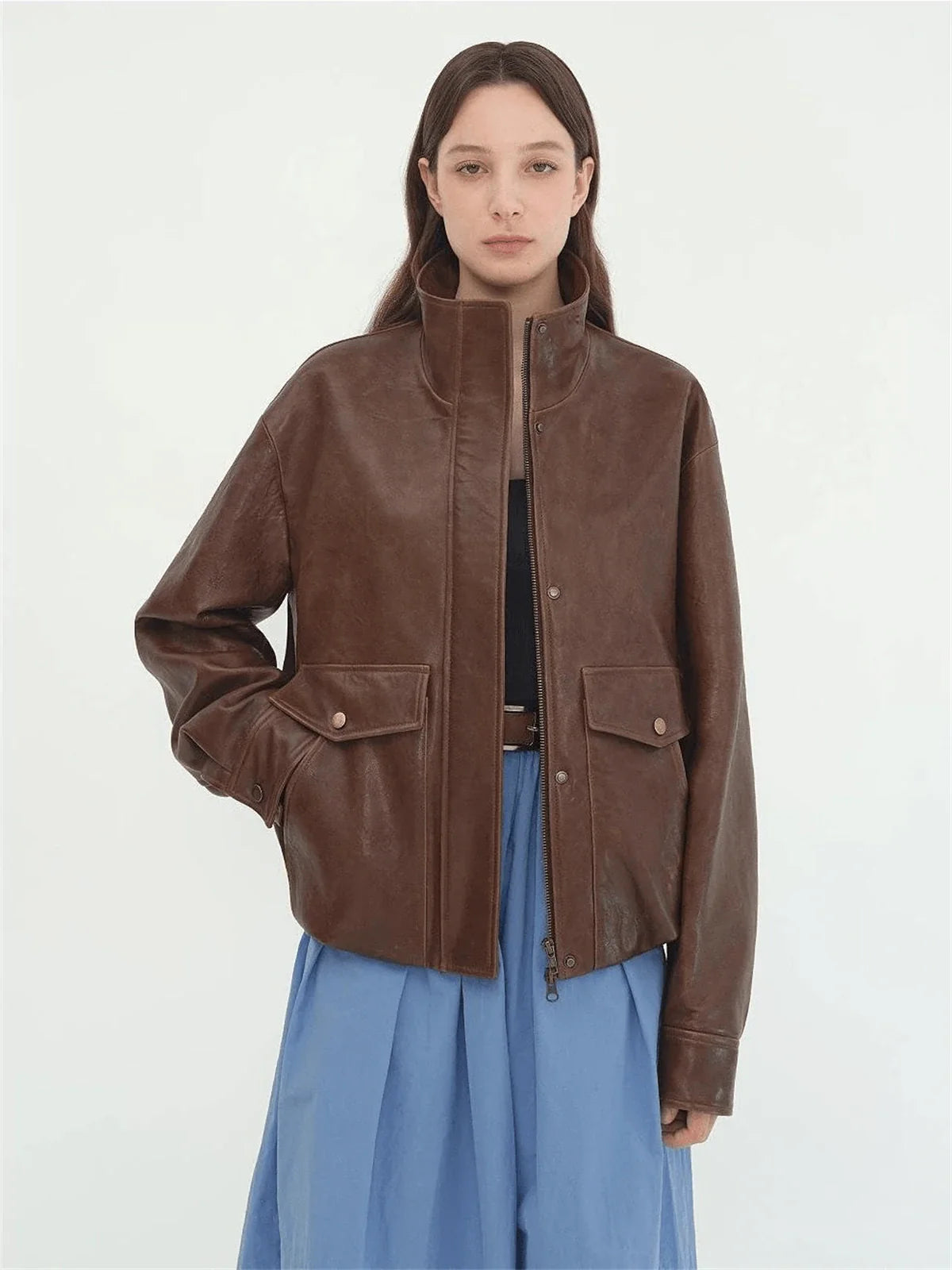 Letrans Vintage Waxed Finish Drop Shoulder Funnel Neck Cropped Leather Jacket Canyon Sunset