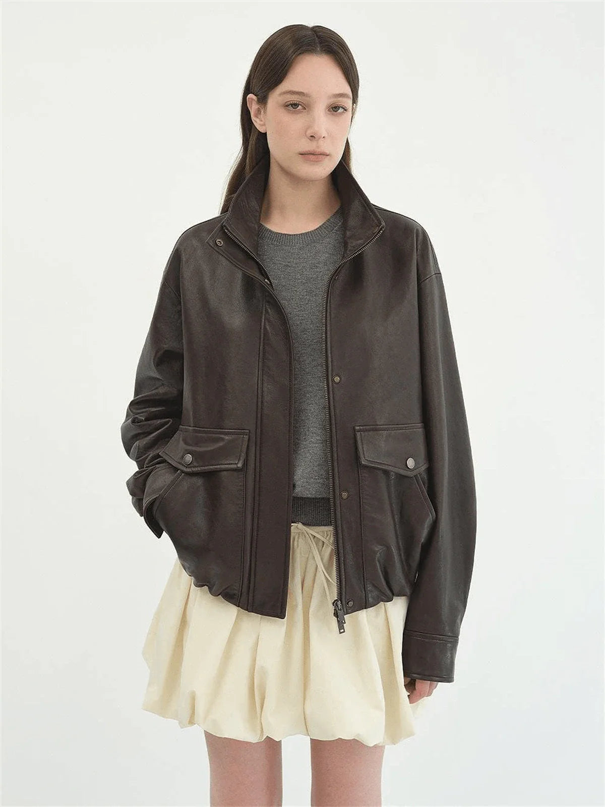 Letrans Vintage Waxed Finish Drop Shoulder Funnel Neck Cropped Leather Jacket Canyon Sunset