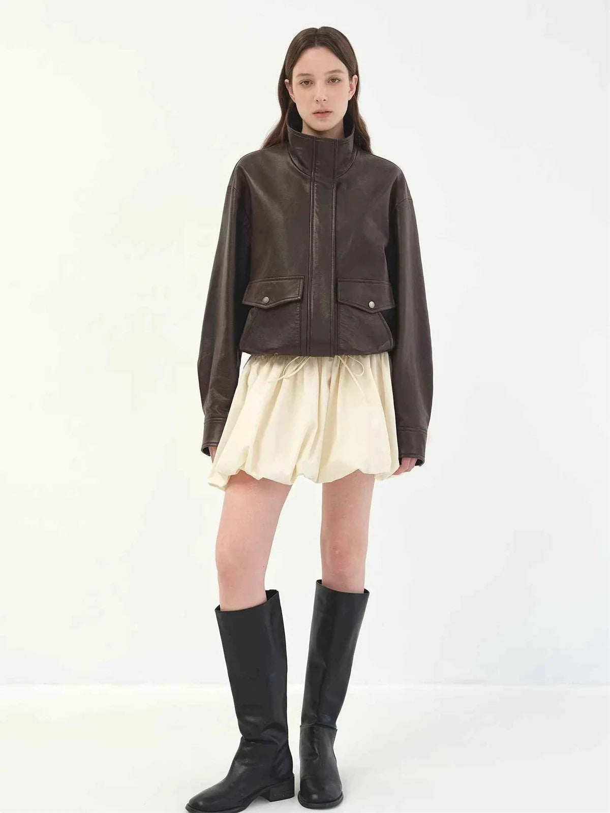 Letrans Vintage Waxed Finish Drop Shoulder Funnel Neck Cropped Leather Jacket Canyon Sunset