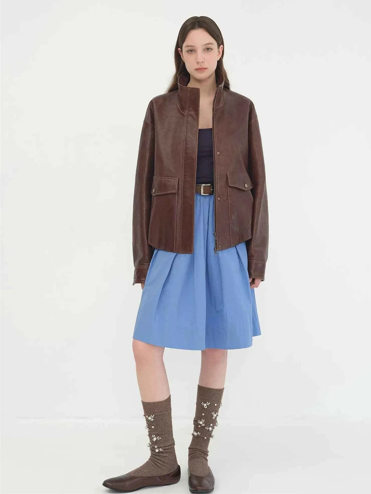 Letrans Vintage Waxed Finish Drop Shoulder Funnel Neck Cropped Leather Jacket Canyon Sunset