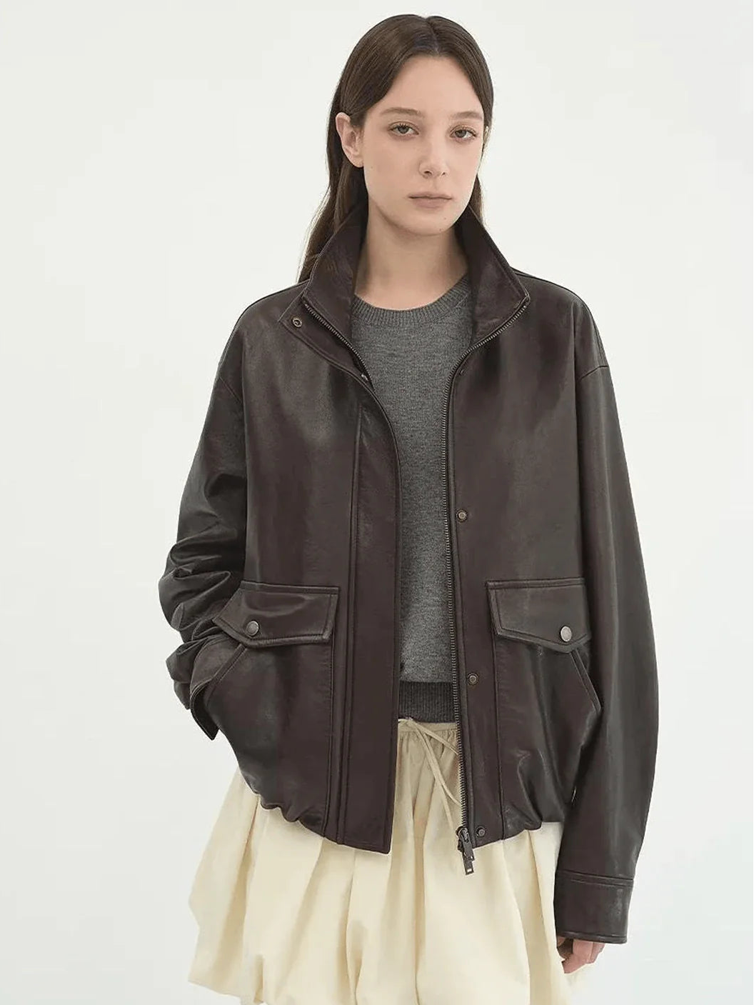 Letrans Vintage Waxed Finish Drop Shoulder Funnel Neck Cropped Leather Jacket Canyon Sunset