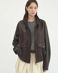 Letrans Vintage Waxed Finish Drop Shoulder Funnel Neck Cropped Leather Jacket Canyon Sunset