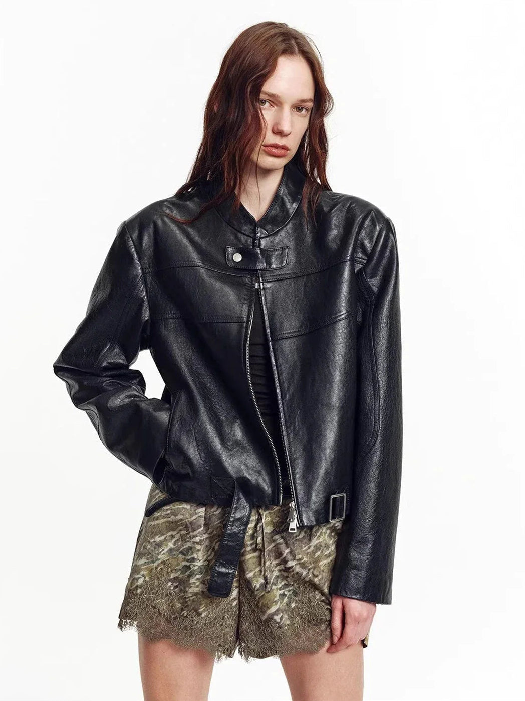 Caramel Mountain stand collar leather jacket - Black front model view