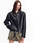 Caramel Mountain stand collar leather jacket - Black front model view