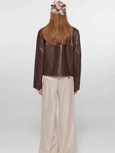 Caramel Mountain stand collar leather jacket - Brown Red two-tone back model view