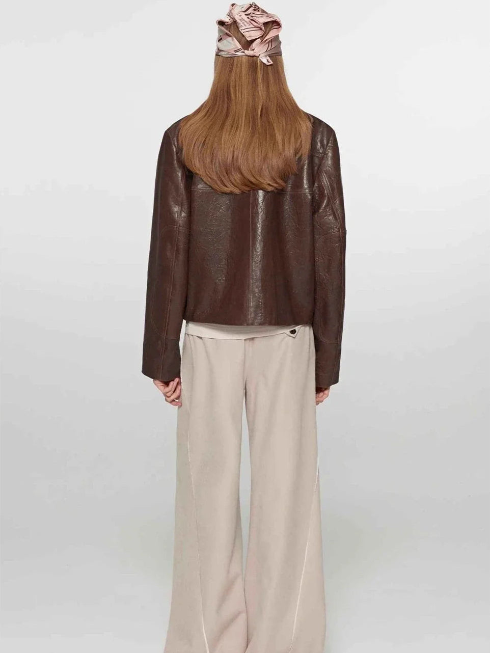 Caramel Mountain stand collar leather jacket - Brown Red two-tone back model view