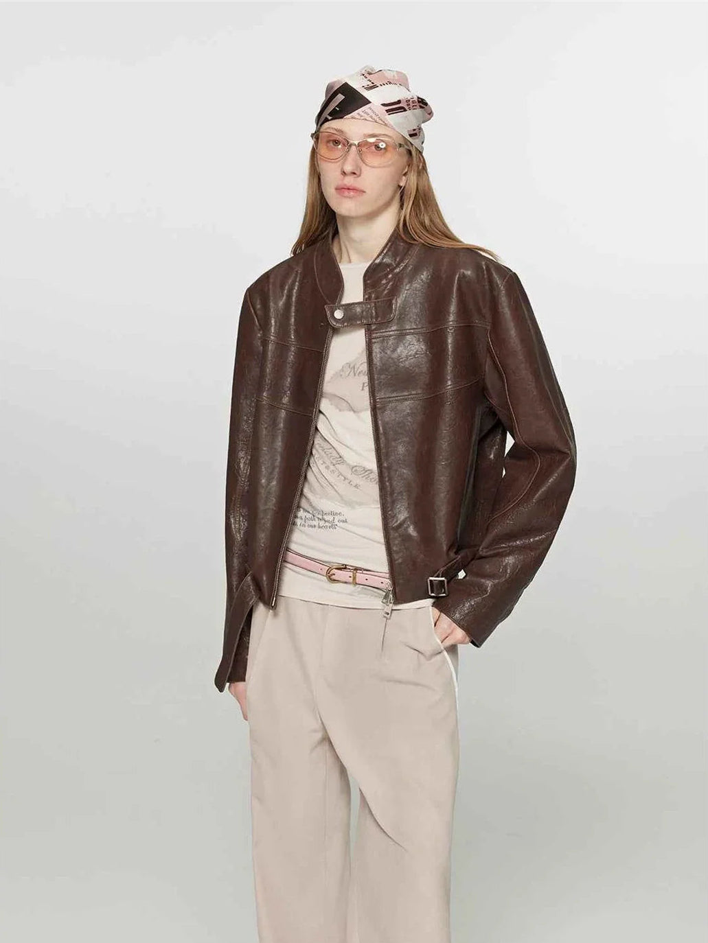 Caramel Mountain stand collar leather jacket - Brown Red two-tone front model view