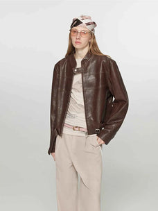 Caramel Mountain stand collar leather jacket - Brown Red two-tone front model view