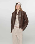 Caramel Mountain stand collar leather jacket - Brown Red two-tone front model view
