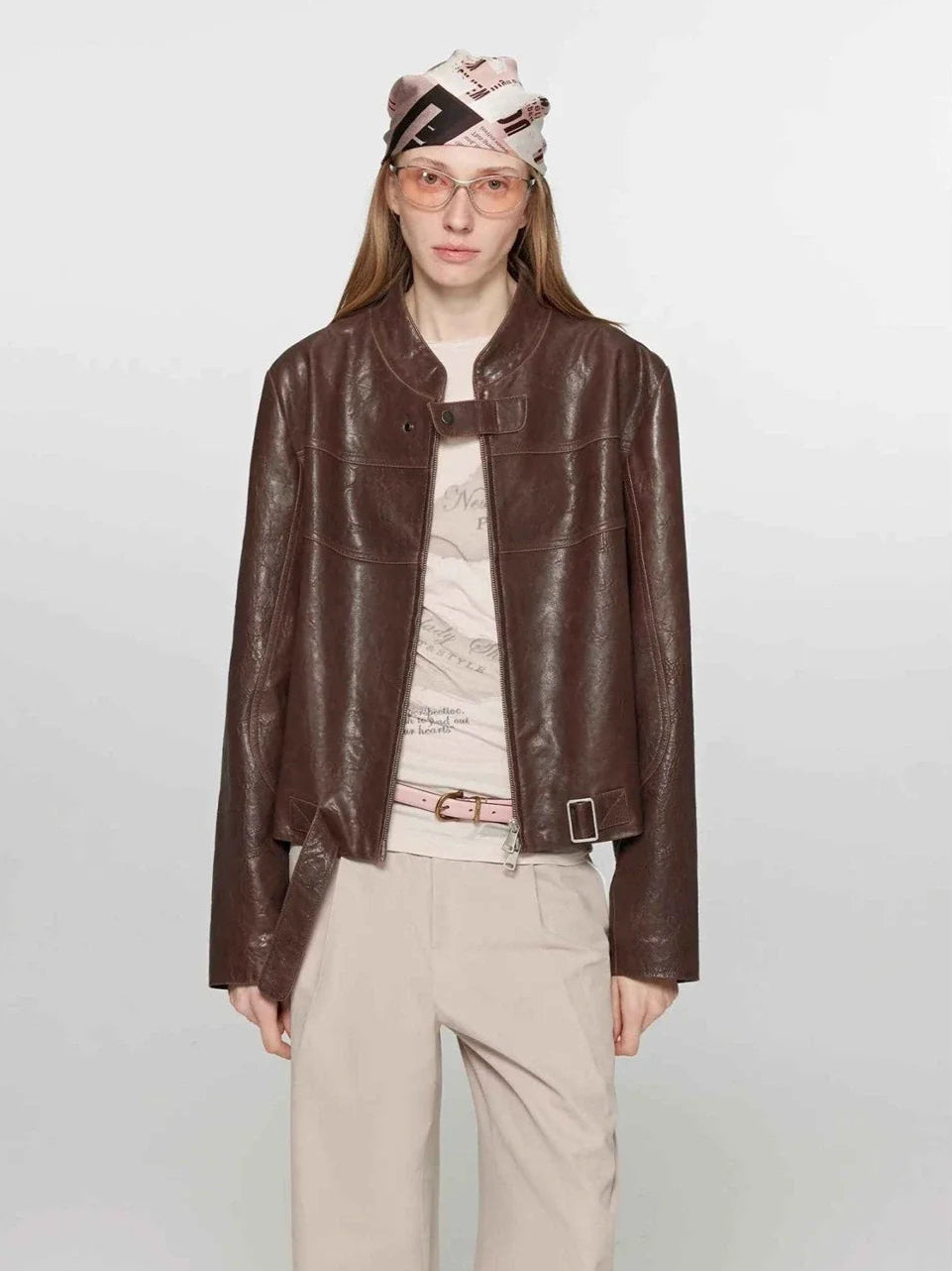 Caramel Mountain stand collar leather jacket - Brown Red two-tone full model view