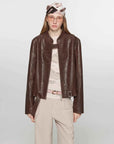 Caramel Mountain stand collar leather jacket - Brown Red two-tone full model view