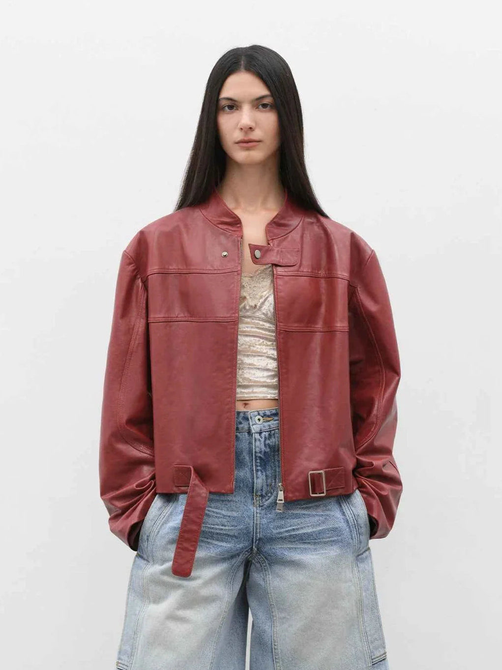 Caramel Mountain stand collar leather jacket - Claret front model view