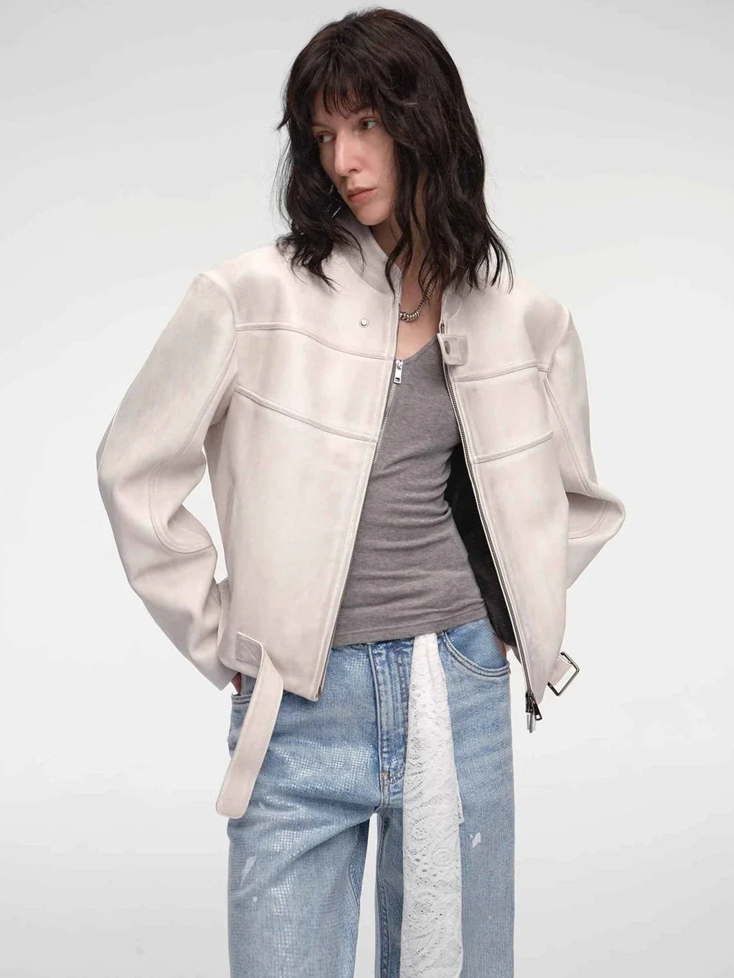 Caramel Mountain stand collar leather jacket - White angled model view
