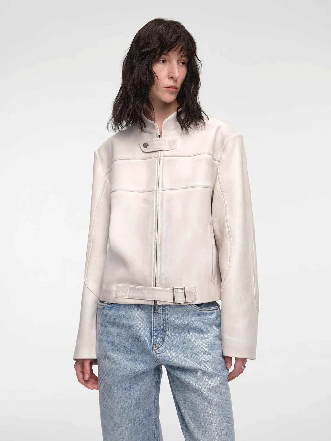 Caramel Mountain stand collar leather jacket - White front model view